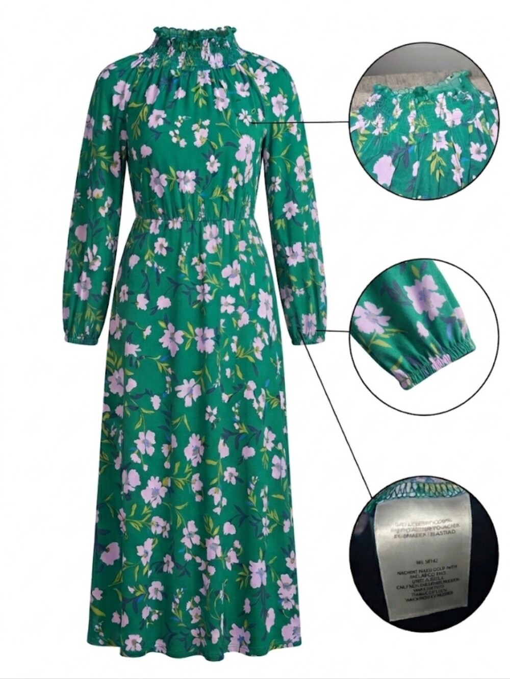 Maggy London Green Floral Smocked High-Neck Long Sleeve Dress